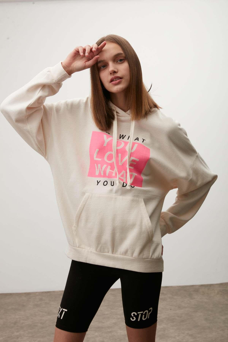 Wısh Kadın Baskılı Kapüşonlu Comfort Ekru Sweatshirt