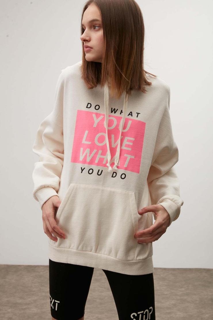 Wısh Kadın Baskılı Kapüşonlu Comfort Ekru Sweatshirt