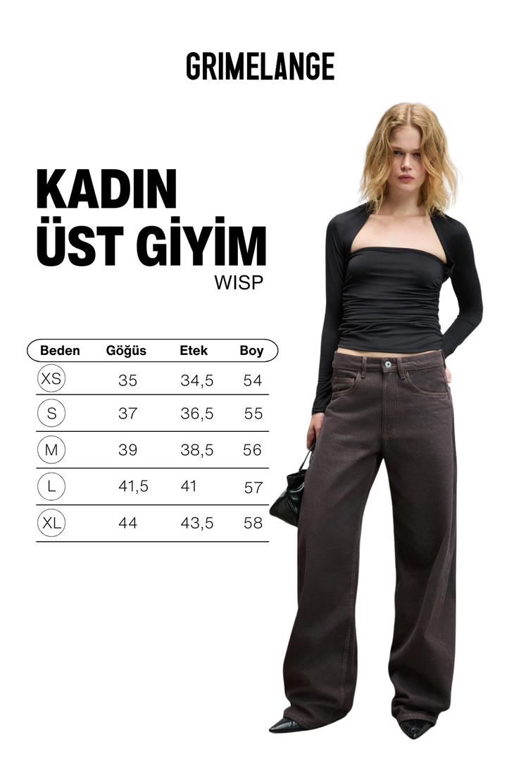 WISP Kadın Kare Yaka Bolero Detaylı Yanları Büzgülü Uzun Kollu Esnek Kumaşlı Siyah Bluz