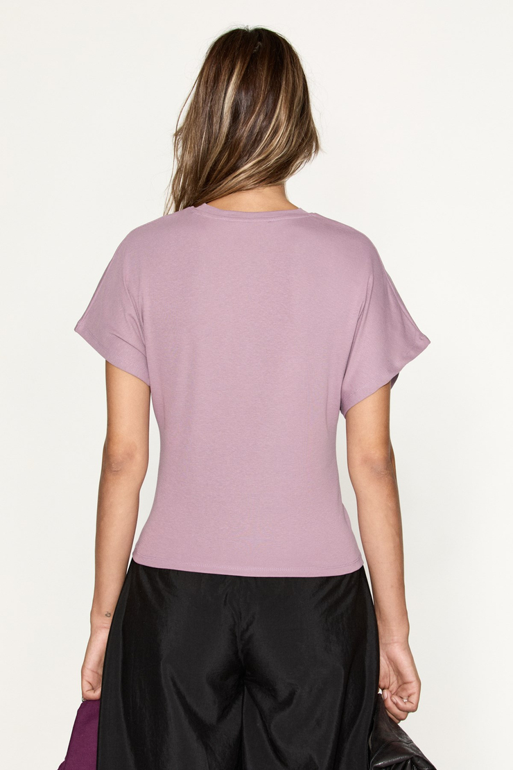 WOLD Kadın Baskılı Düşük Kollu Büzgü Detaylı Lila T-Shirt