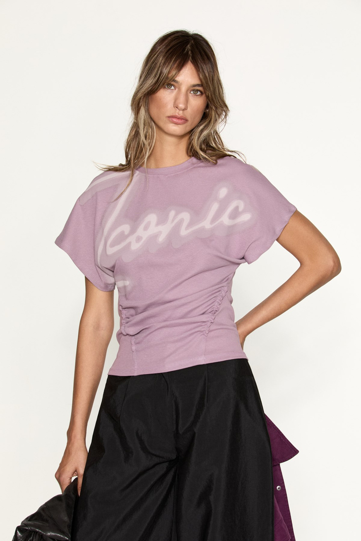 WOLD Kadın Baskılı Düşük Kollu Büzgü Detaylı Lila T-Shirt