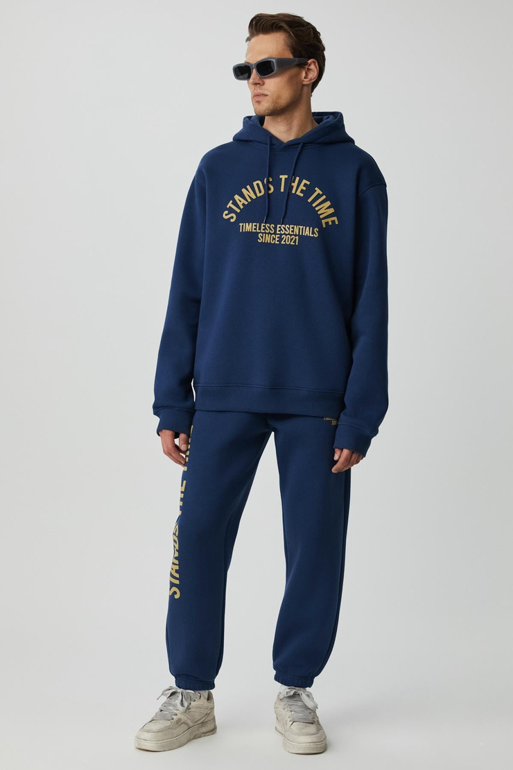 WULF Erkek Organik Kumaşlı İçi Polarlı Yumuşacık Kanguru Cepli Kapüşonlu Lacivert Sweatshirt