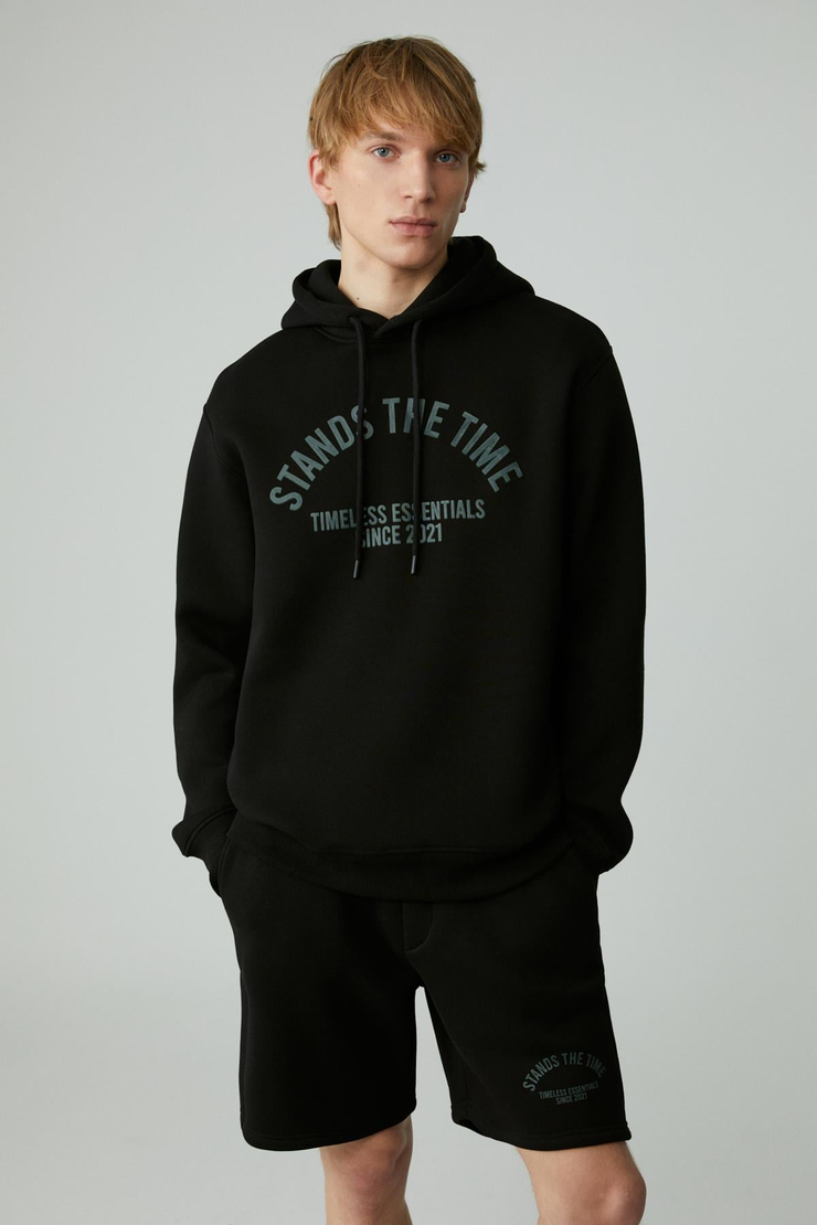 WULF Erkek Organik Kumaşlı İçi Polarlı Yumuşacık Kanguru Cepli Kapüşonlu Siyah Sweatshirt