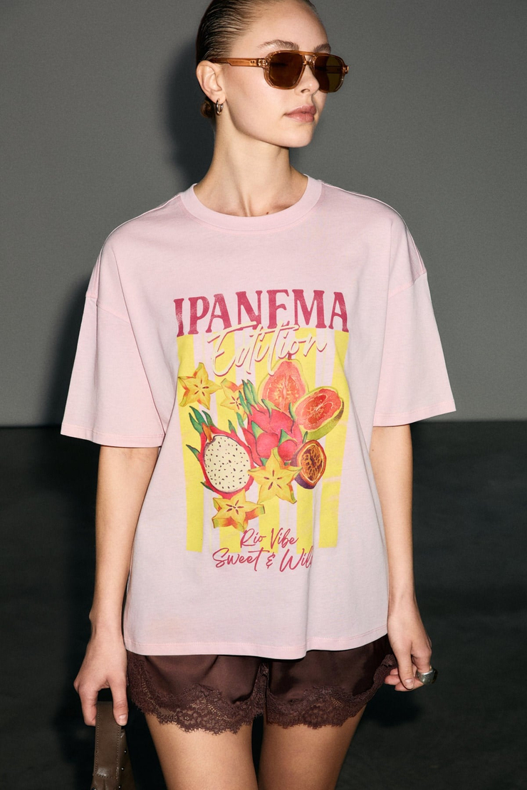 WUNA Kadın Yumuşak Kumaşlı %100 Organik Pamuklu Baskı Detaylı Pembe T-Shirt