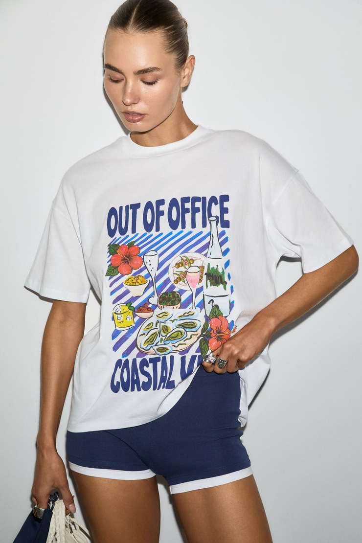 WUNA Kadın Yumuşak Kumaşlı %100 Organik Pamuklu Baskı Detaylı Beyaz T-Shirt