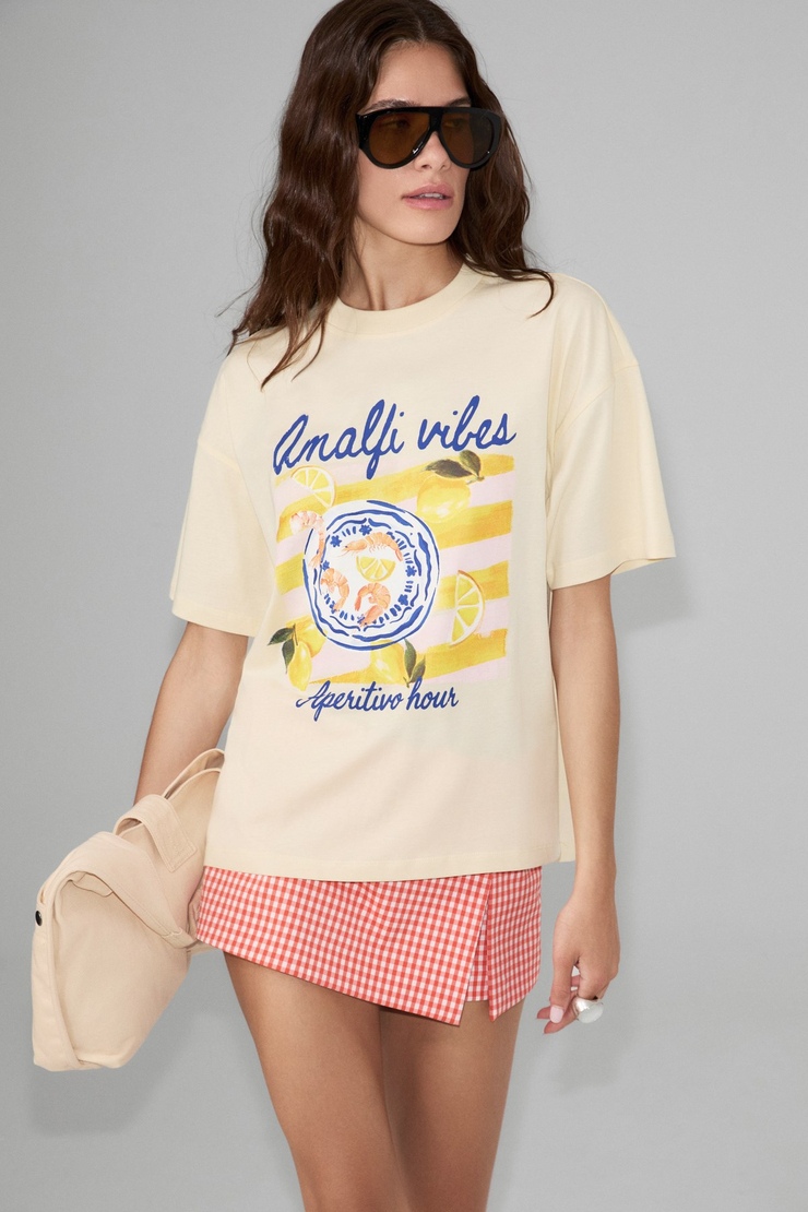 WUNA Kadın Yumuşak Kumaşlı %100 Organik Pamuklu Baskı Detaylı Sarı T-Shirt