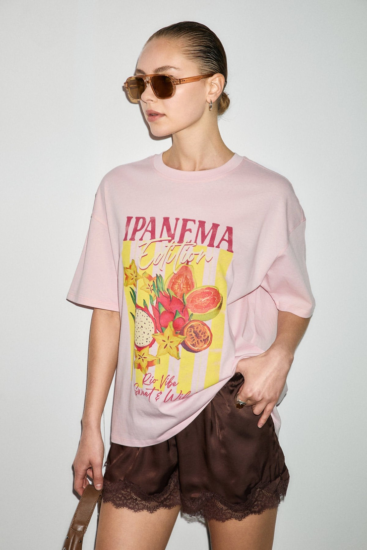 WUNA Kadın Yumuşak Kumaşlı %100 Organik Pamuklu Baskı Detaylı Pembe T-Shirt