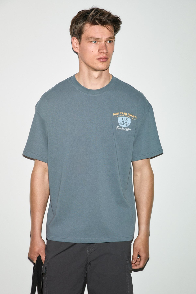 XAVIEL Erkek %100 Organik Pamuklu Baskı Detaylı Regular Fit Yuvarlak Yaka Füme T-Shirt