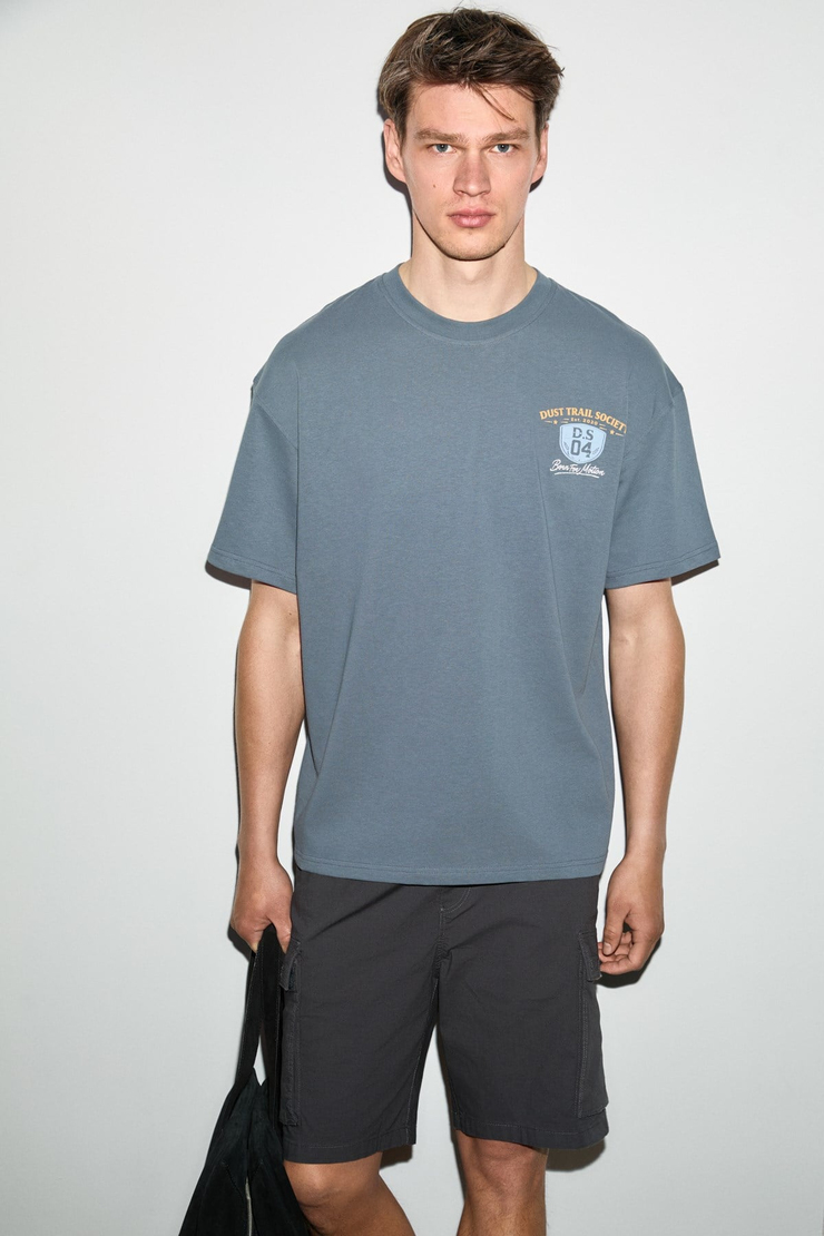 XAVIEL Erkek %100 Organik Pamuklu Baskı Detaylı Regular Fit Yuvarlak Yaka Füme T-Shirt