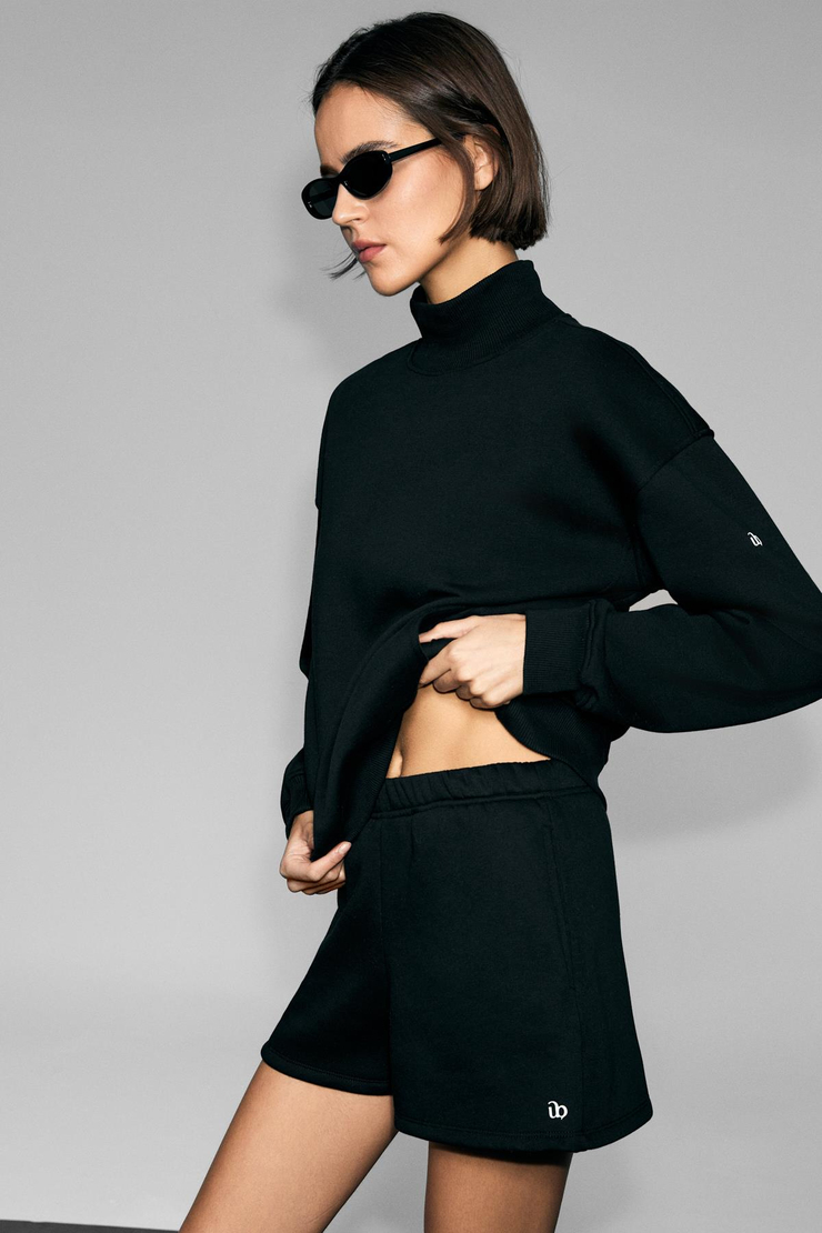 XENYA Kadın Polarlı Yumuşak Balıkçı Yakalı Baskı Detaylı Cepli Regular Siyah Sweatshirt