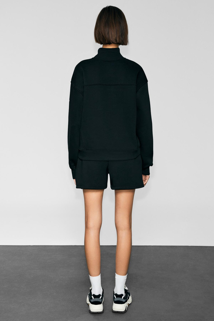 XENYA Kadın Polarlı Yumuşak Balıkçı Yakalı Baskı Detaylı Cepli Regular Siyah Sweatshirt