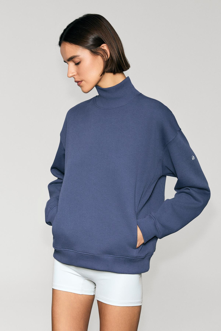 XENYA Kadın Polarlı Yumuşak Balıkçı Yakalı Baskı Detaylı Cepli Regular İndigo Sweatshirt