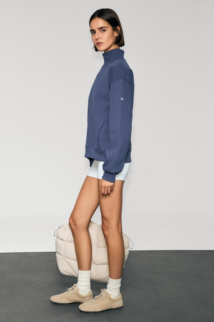 XENYA Kadın Polarlı Yumuşak Balıkçı Yakalı Baskı Detaylı Cepli Regular İndigo Sweatshirt