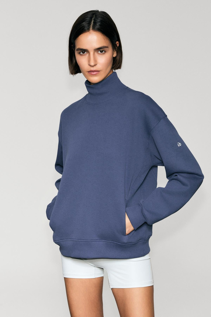 XENYA Kadın Polarlı Yumuşak Balıkçı Yakalı Baskı Detaylı Cepli Regular İndigo Sweatshirt