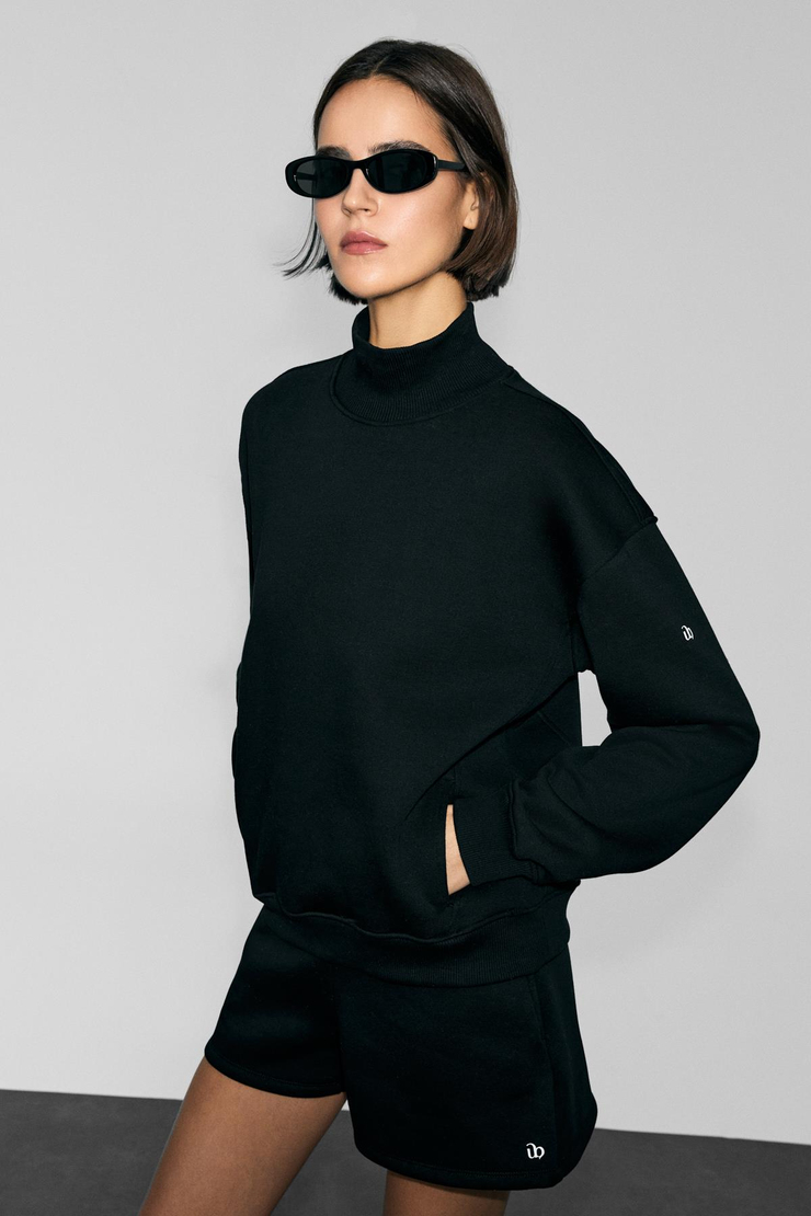 XENYA Kadın Polarlı Yumuşak Balıkçı Yakalı Baskı Detaylı Cepli Regular Siyah Sweatshirt