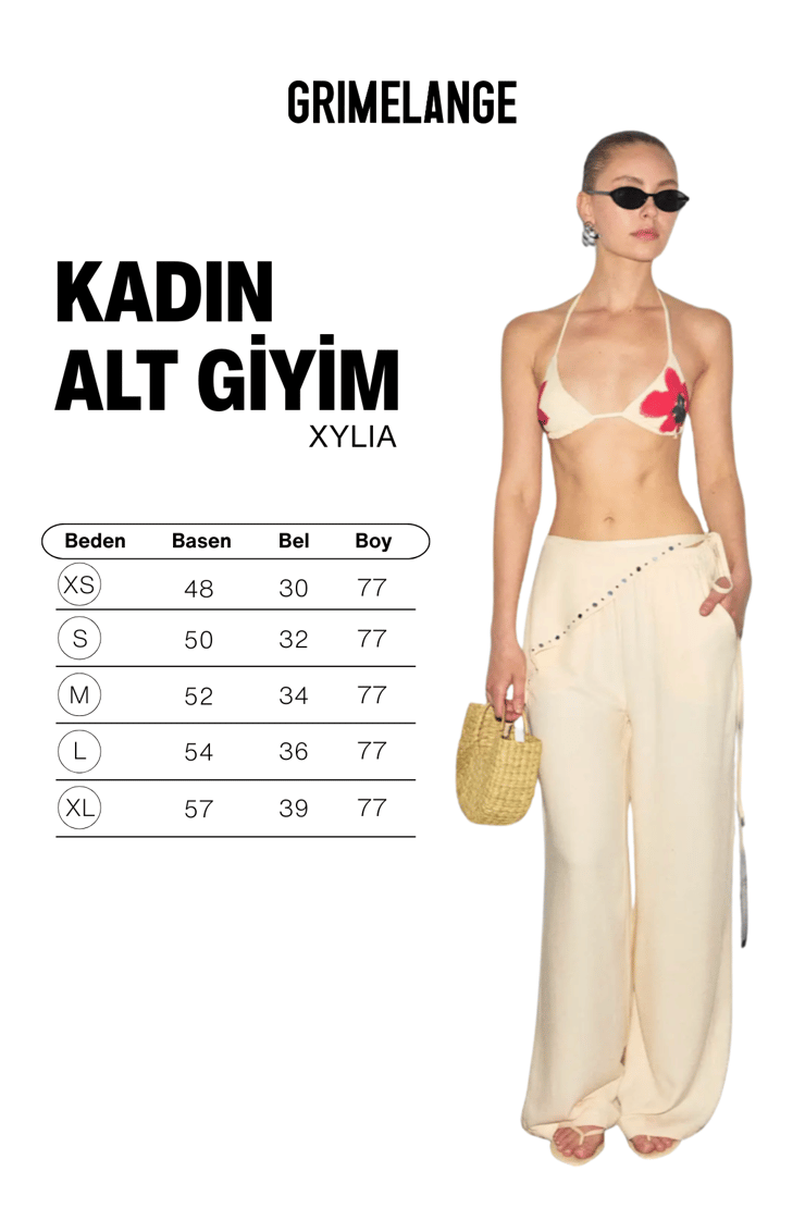 XYLIA Kadın Şal Detaylı Bol Paça Trok Süslemeli Belden Bağlamalı Doğal Dokulu Ekru Pantolon