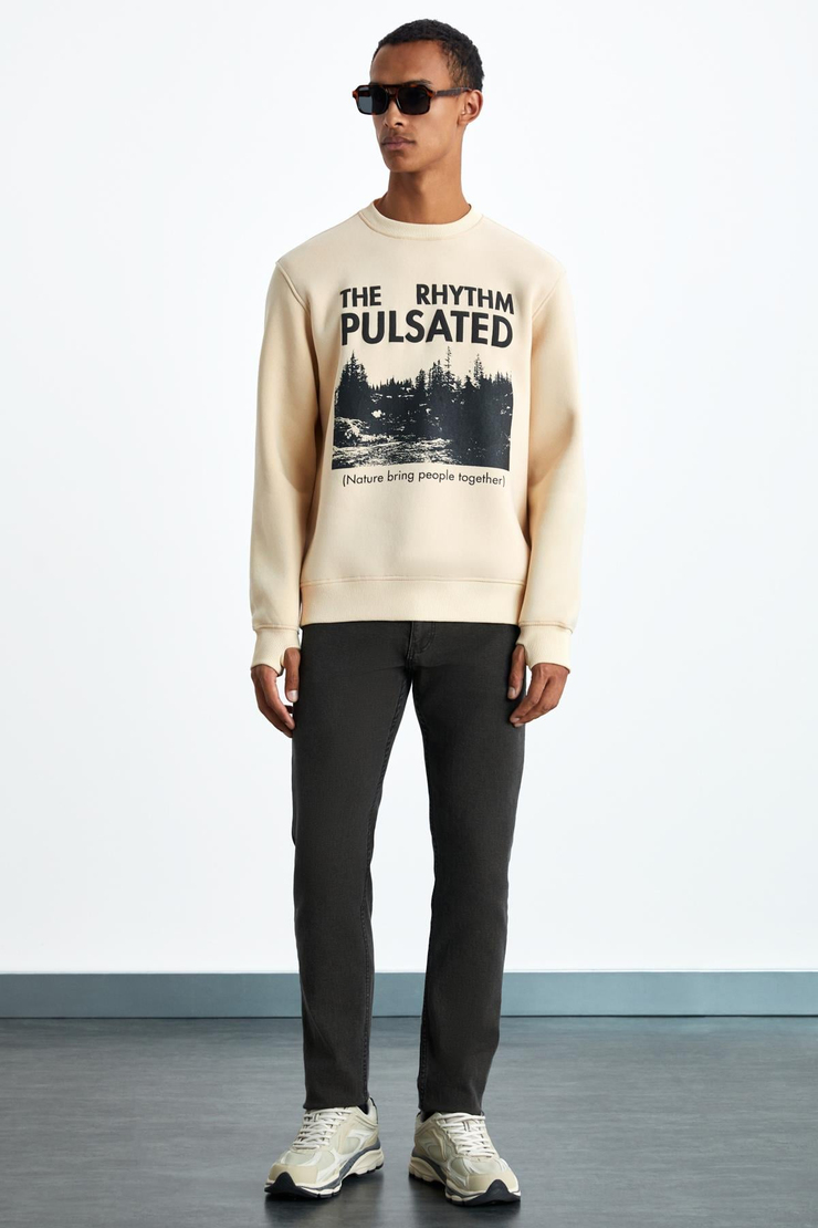YANKE Erkek Pamuk-Polyester Boğazlı Bej Sweatshirt