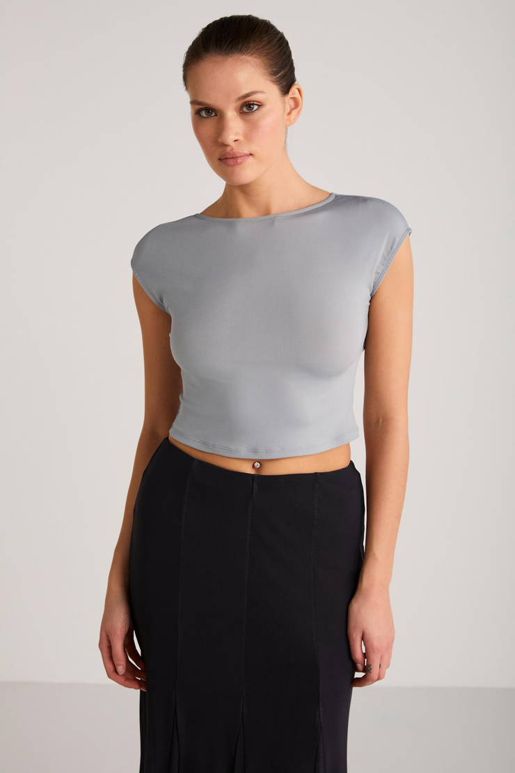 YARETZI Kadın Basic Kısa Kollu Crop Gri Büstiyer