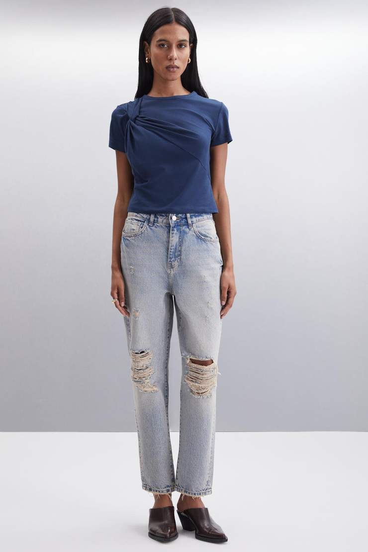 YASMIN Basic Slim Lacivert Tekli Bluz