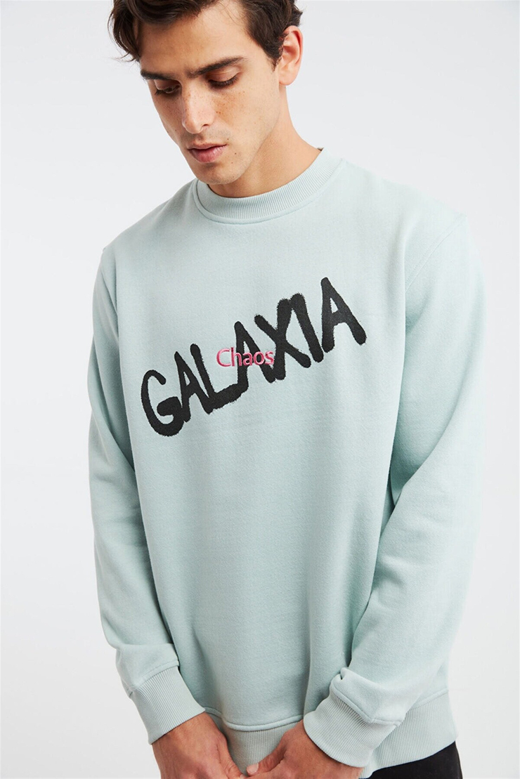 YEET Erkek Mint Yeşili Baskılı ve Nakışlı Yuvarlak Yaka Comfort Fit Sweatshirt