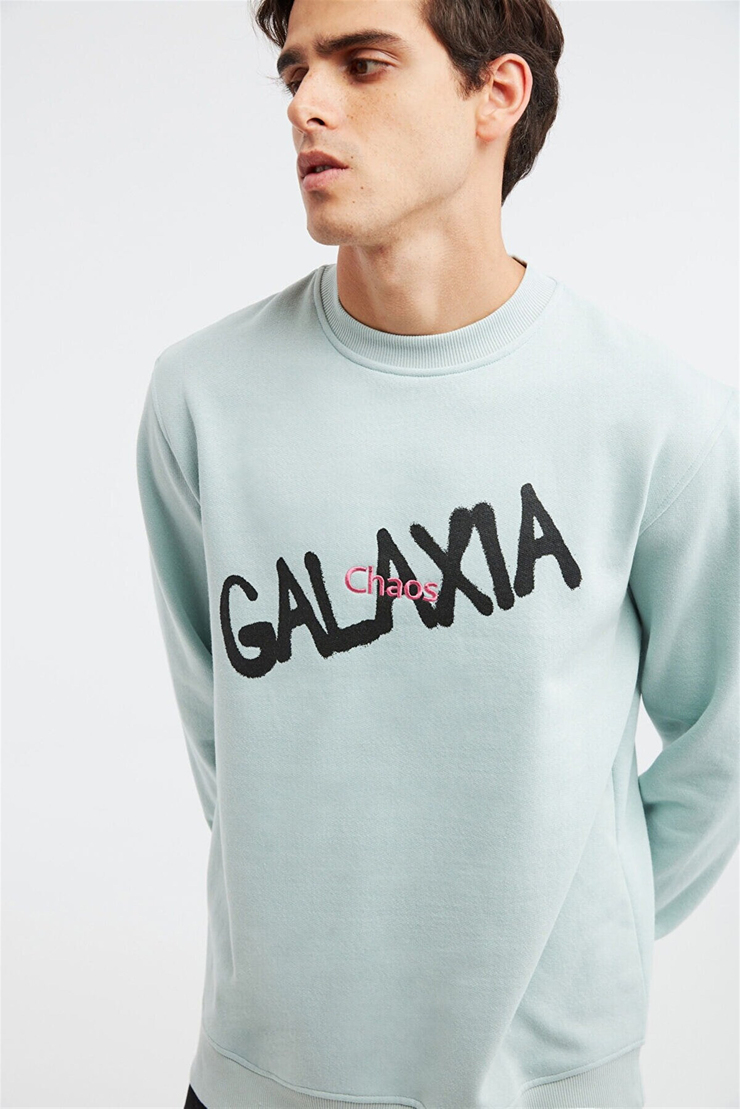 YEET Erkek Mint Yeşili Baskılı ve Nakışlı Yuvarlak Yaka Comfort Fit Sweatshirt