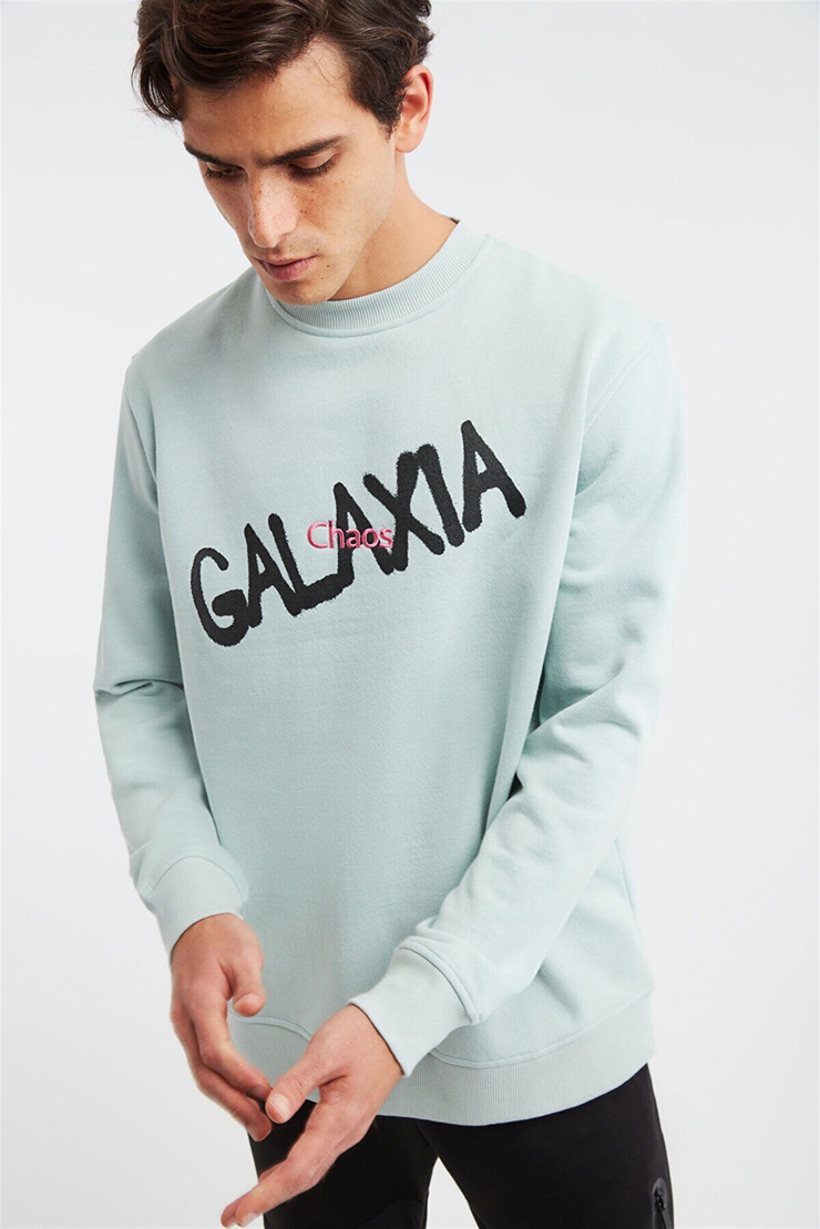 YEET Erkek Mint Yeşili Baskılı ve Nakışlı Yuvarlak Yaka Comfort Fit Sweatshirt