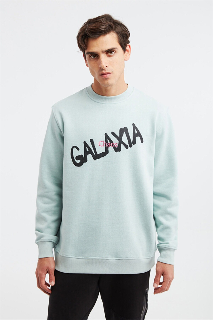 YEET Erkek Mint Yeşili Baskılı ve Nakışlı Yuvarlak Yaka Comfort Fit Sweatshirt