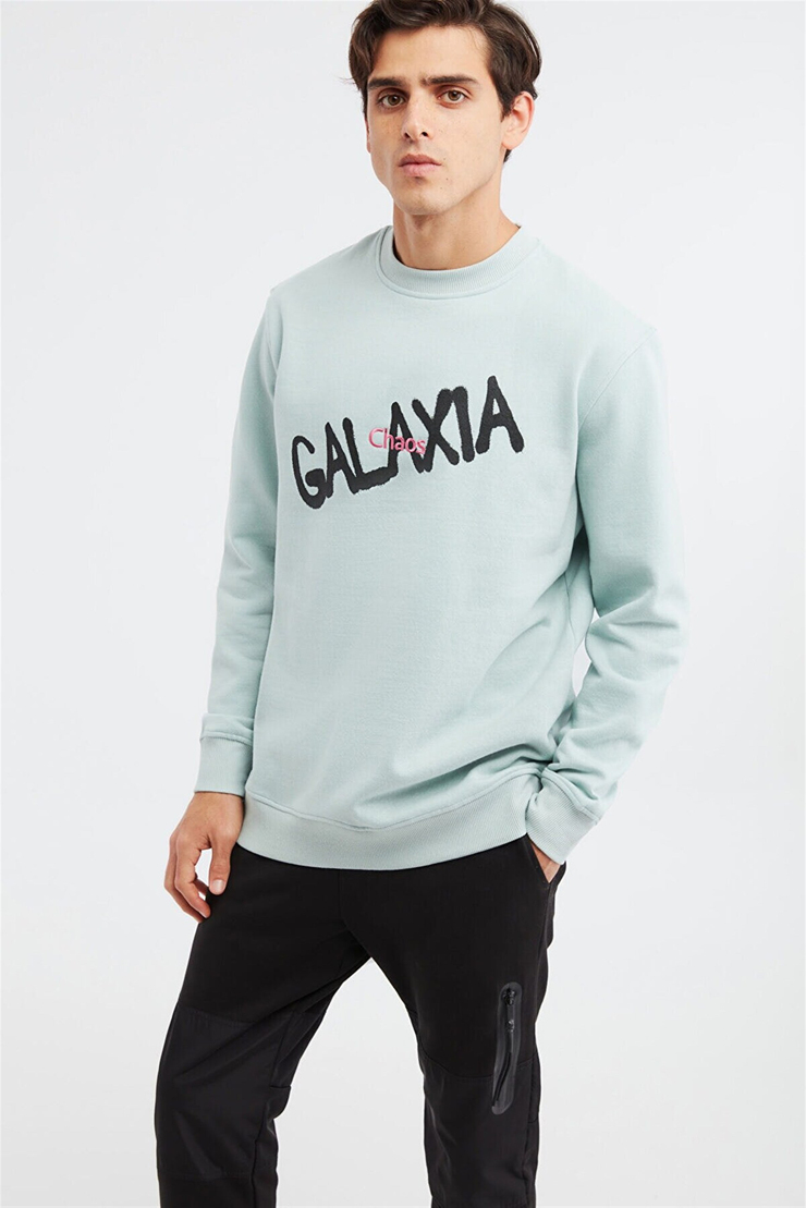 YEET Erkek Mint Yeşili Baskılı ve Nakışlı Yuvarlak Yaka Comfort Fit Sweatshirt