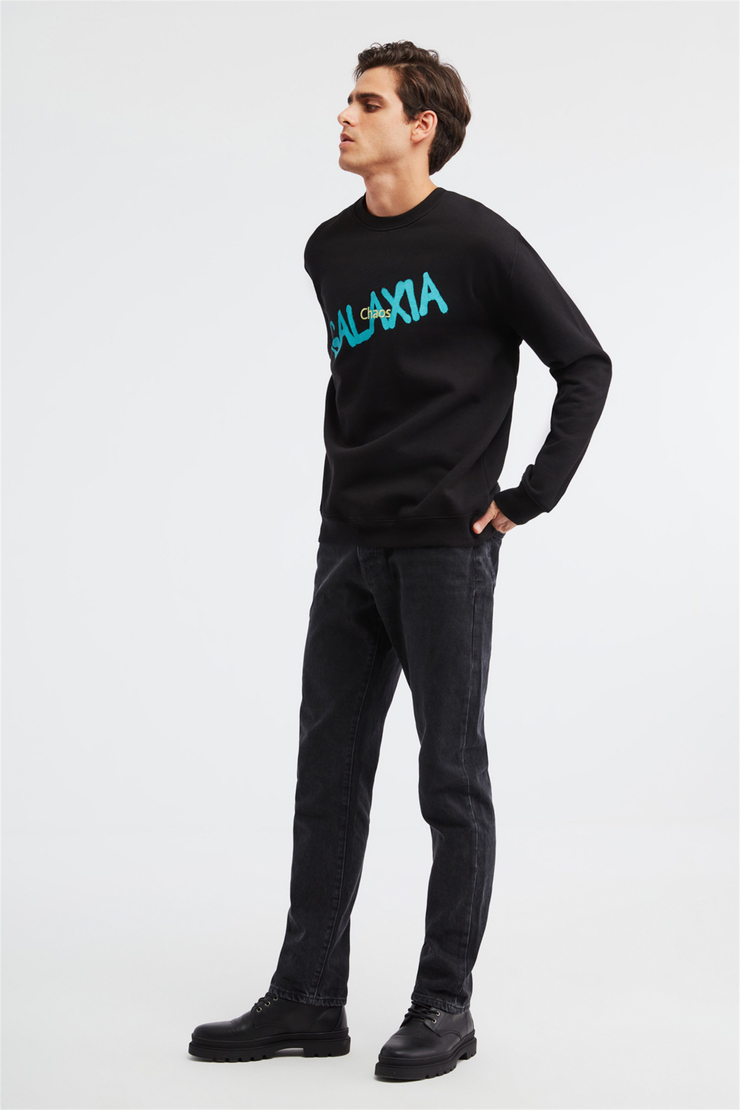 YEET Erkek Siyah Baskılı ve Nakışlı Yuvarlak Yaka Comfort Fit Sweatshirt