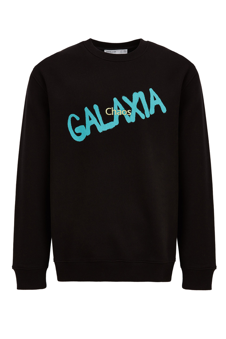 YEET Erkek Siyah Baskılı ve Nakışlı Yuvarlak Yaka Comfort Fit Sweatshirt