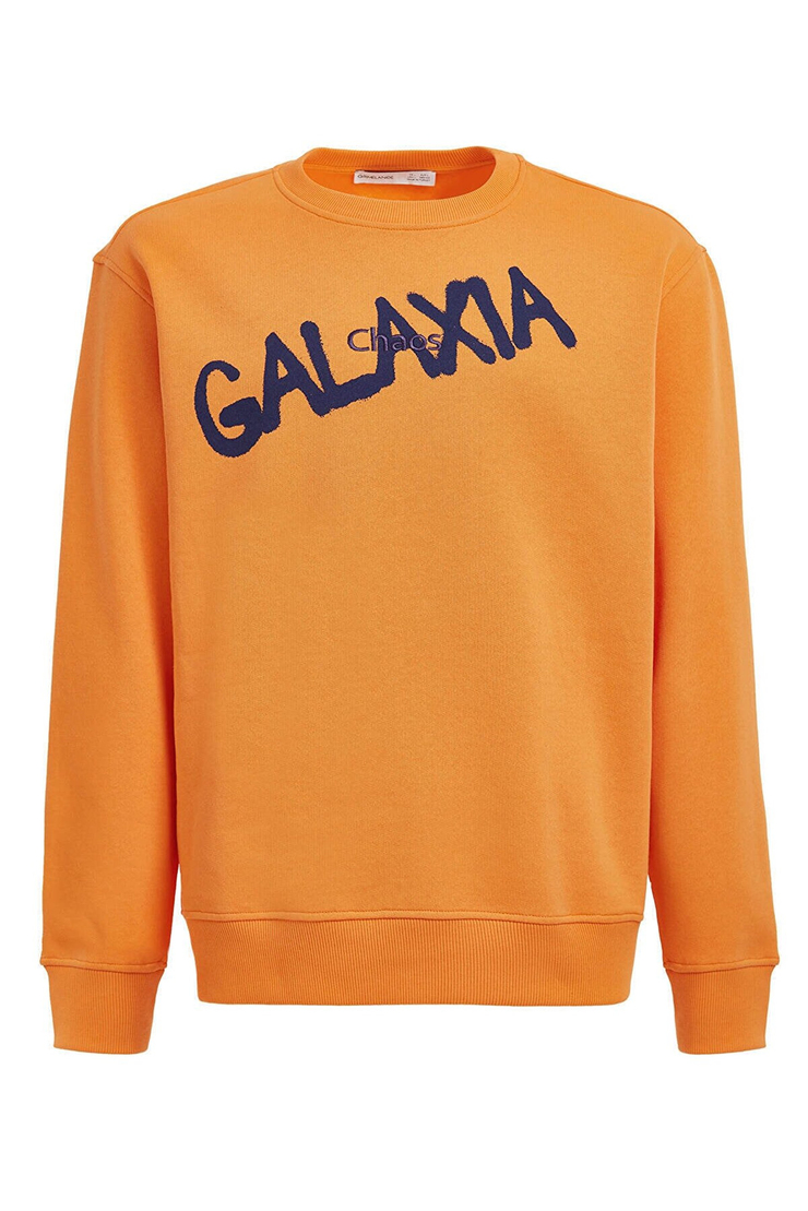 YEET Erkek Turuncu Baskılı ve Nakışlı Yuvarlak Yaka Comfort Fit Sweatshirt