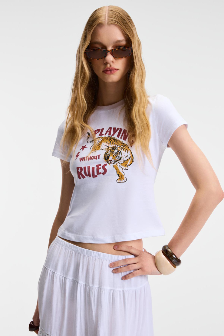 YELVANE Kadın %100 Pamuk Bisiklet Yaka Baskılı Regular Fit Beyaz T-Shirt