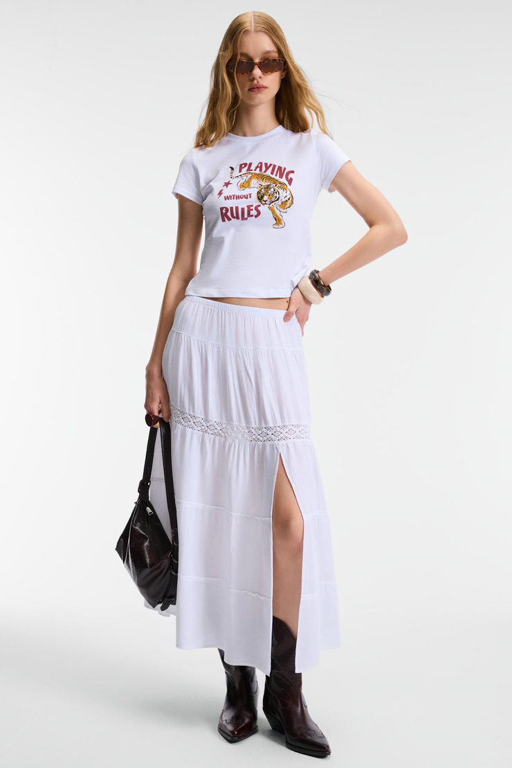 YELVANE Kadın %100 Pamuk Bisiklet Yaka Baskılı Regular Fit Beyaz T-Shirt