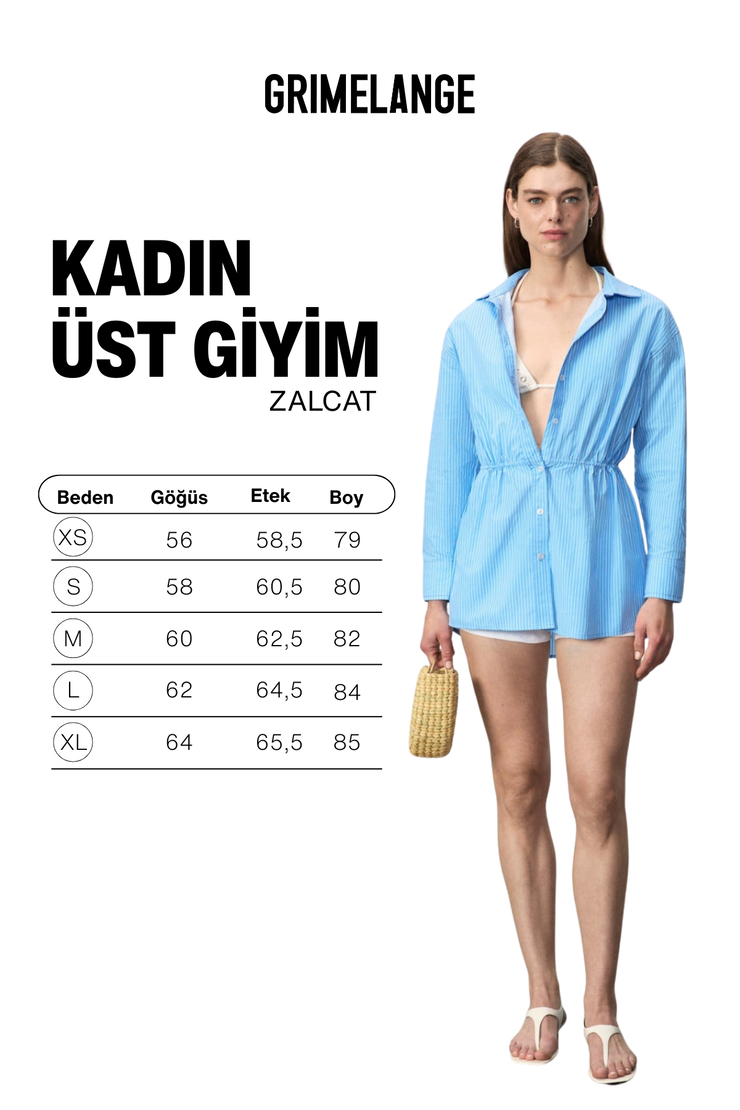 ZALCAT Kadın %100 Organik Pamuklu Çizgi Detaylı Beli Bağcıklı Mini Gömlek Mavi Çizgili Elbise