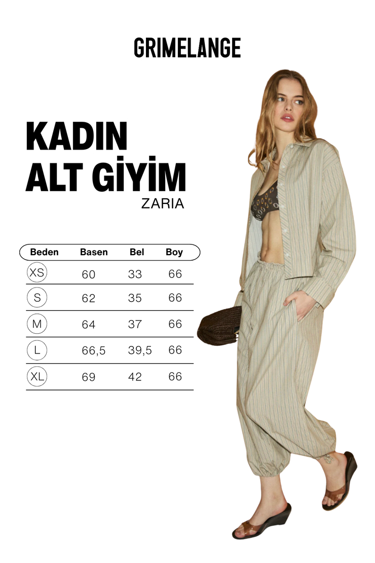 ZARIA Kadın Regular Fit %100 Organik Pamuklu Paçası Beli Lastikli Kahverengi Çizgili Pantolon