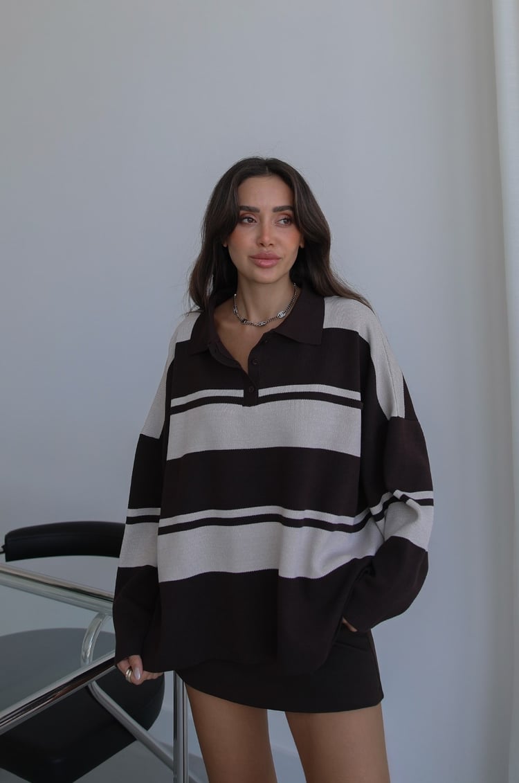 Acı Kahve Kiva Çizgili Oversize Kazak
