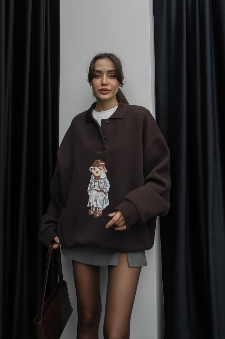 Acı Kahve Şapkalı Teddy Baskılı Sweatshirt