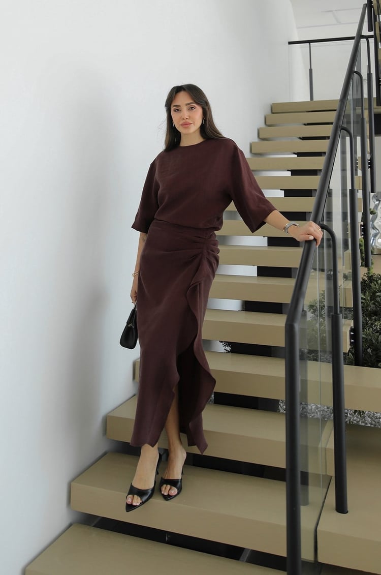 Açık Kahve Morley Yanı Büzgü Detaylı Elbise