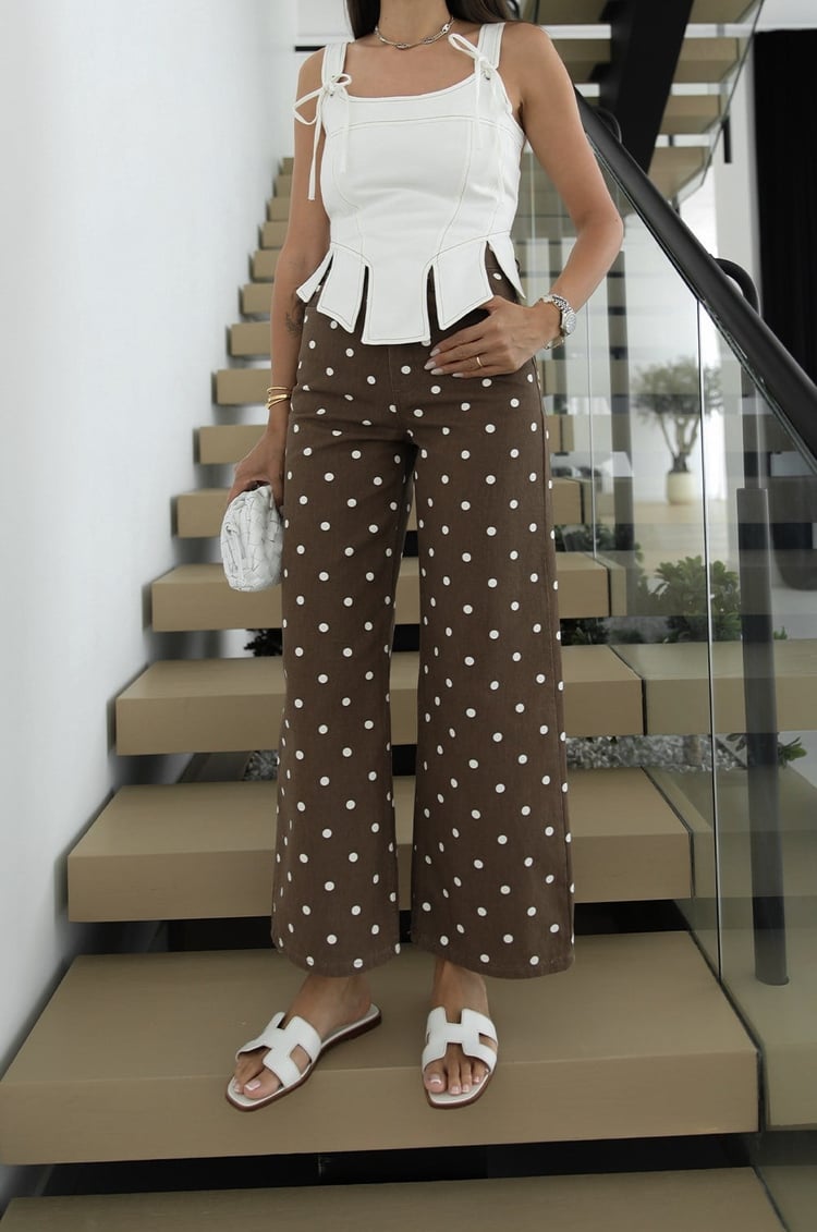 Açık Kahve Puantiyeli Wide Leg Jean