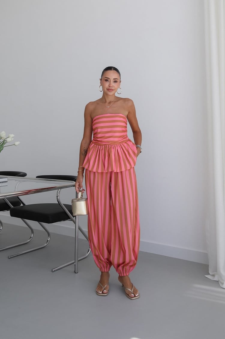 Açık Pembe Meis Straplez Bluz Pantolon Takım
