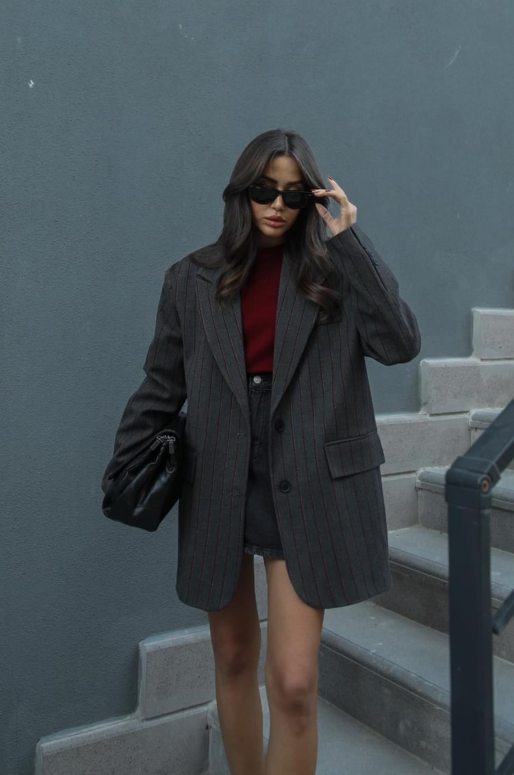 Antrasit Bordo Çizgili Blazer Ceket