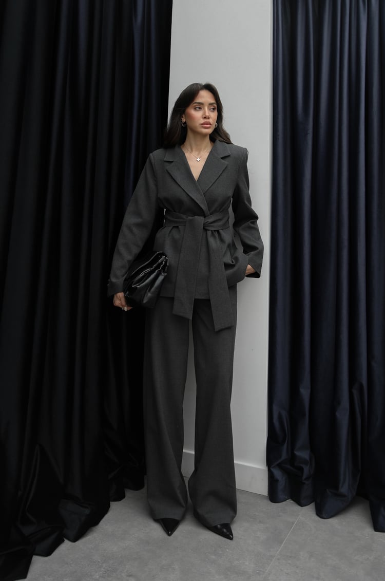 Antrasit Notch Lapel Kuşaklı Blazer Takım