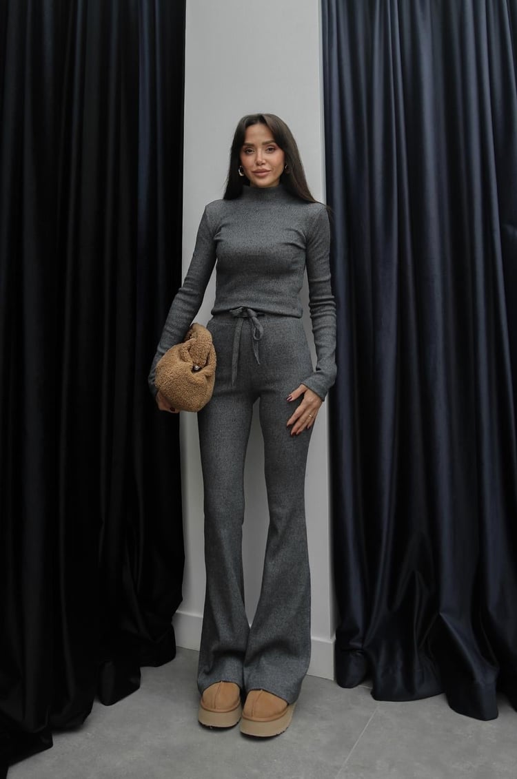 Antrasit Ribbed Bluz Pantolon Takım