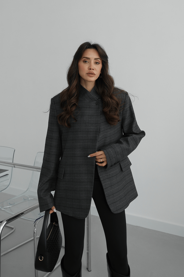 Antrasit Tek Düğme Ekose Blazer Ceket