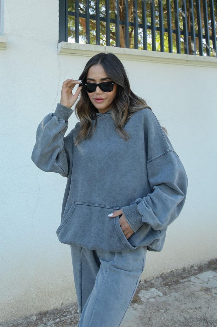 Antrasit Yıkamalı Kapüşonlu Sweatshirt