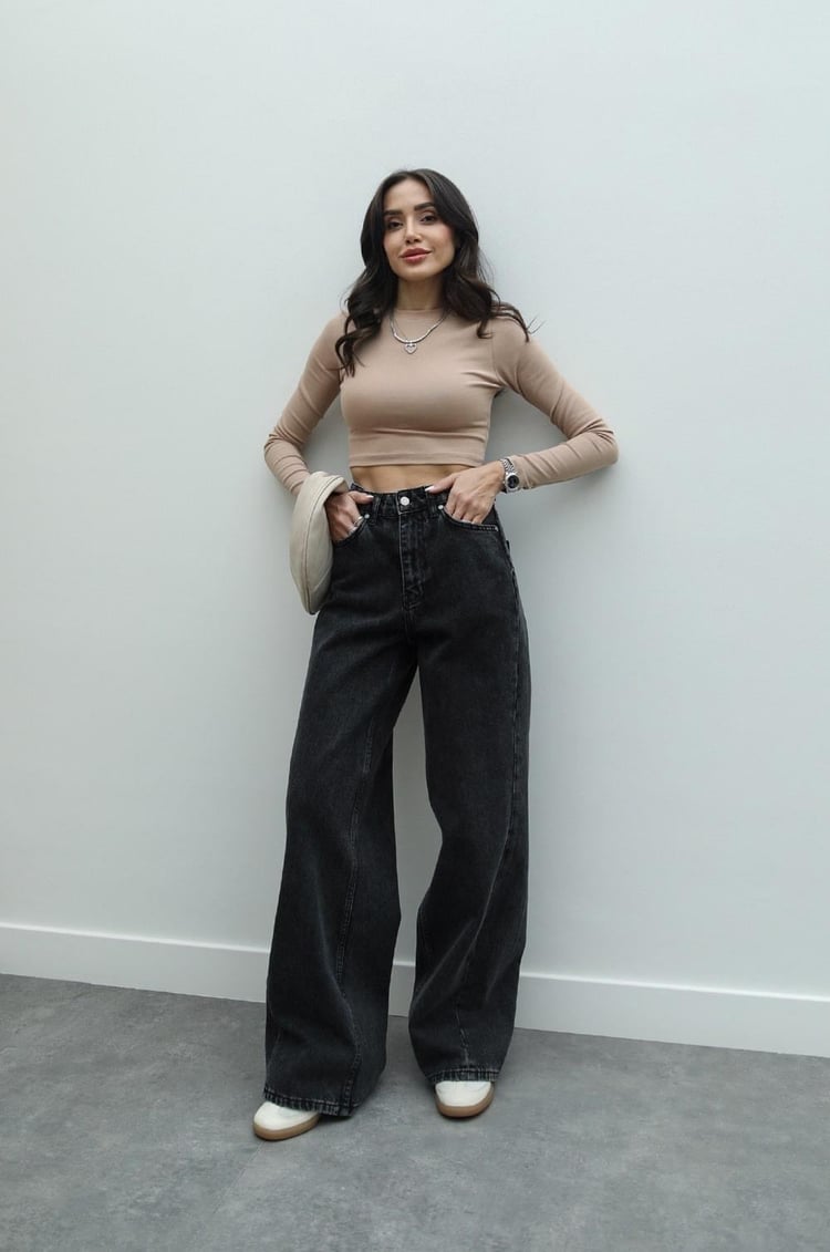 Antrasit Yıkamalı Wide Leg Jean