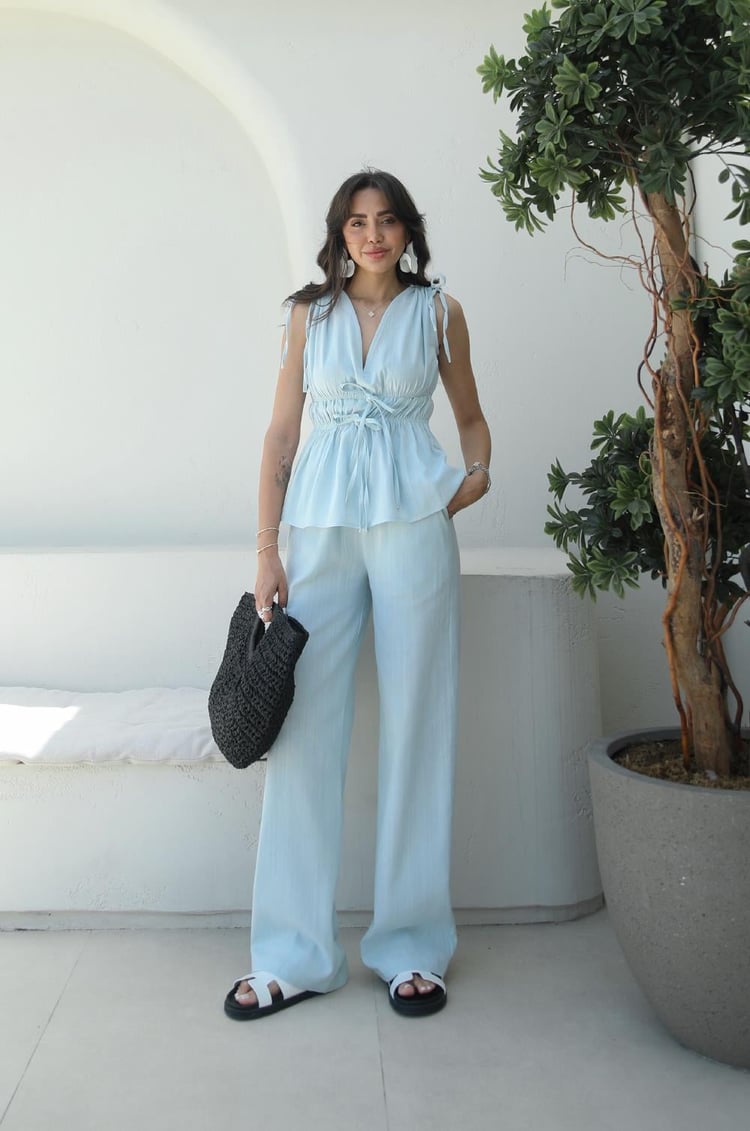 Bebe Mavisi Lastik Detaylı Bluz Pantolon Takım