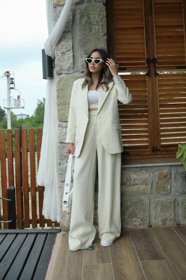 Bej Çizgili Never Pantolon Blazer Takım