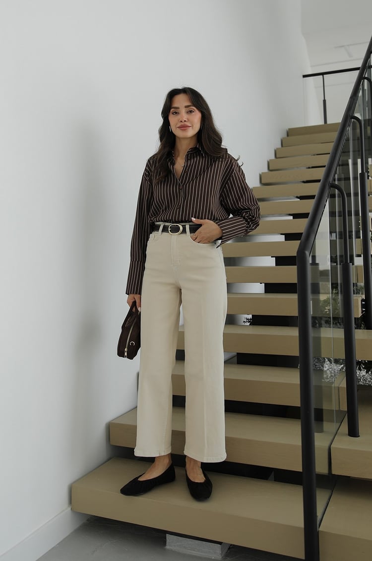 Bej Culotte Yüksek Bel Kemerli Jean