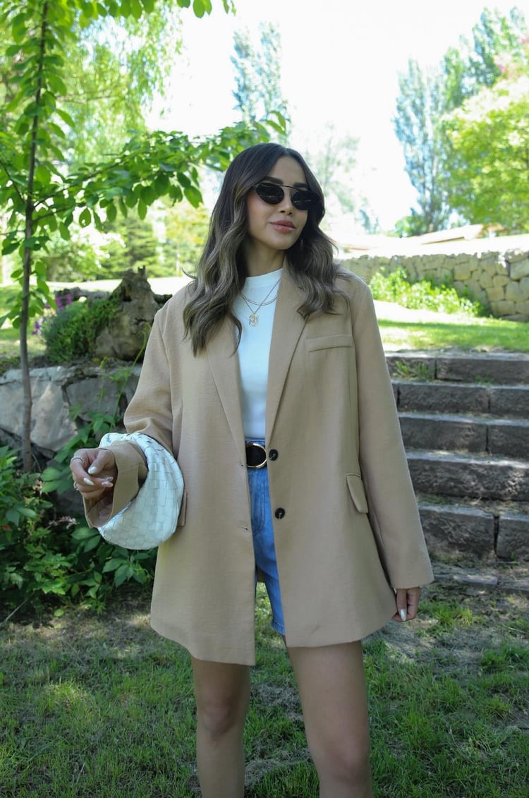 Bej Keten Oversize Blazer Ceket